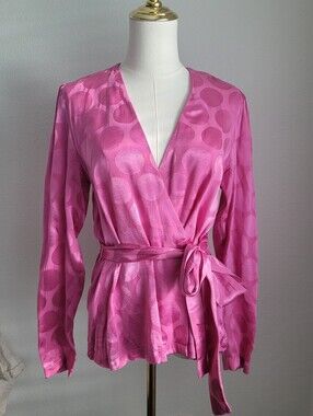 Topshop Pink Polka Dot Satin Jacquard Wrap Blouse Top Tie Waist US 4 Barbiecore